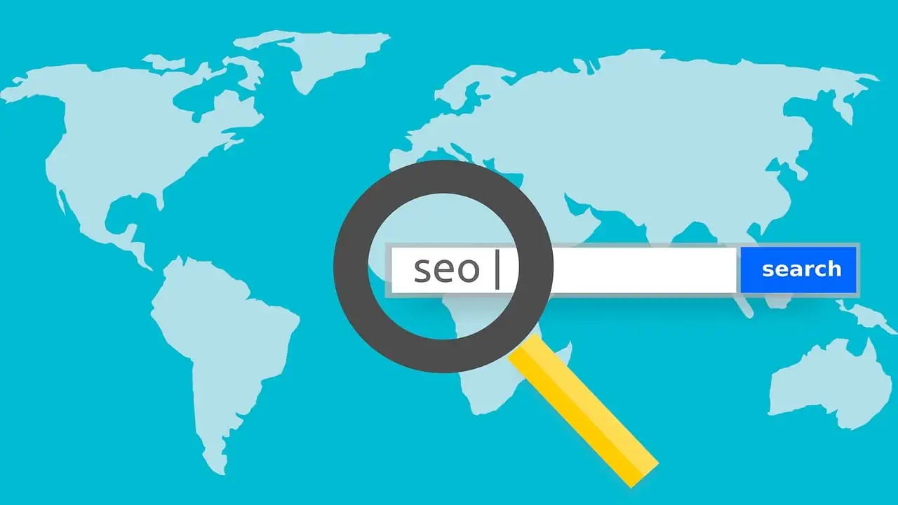 World map with SEO written on top under a magnifying lens.