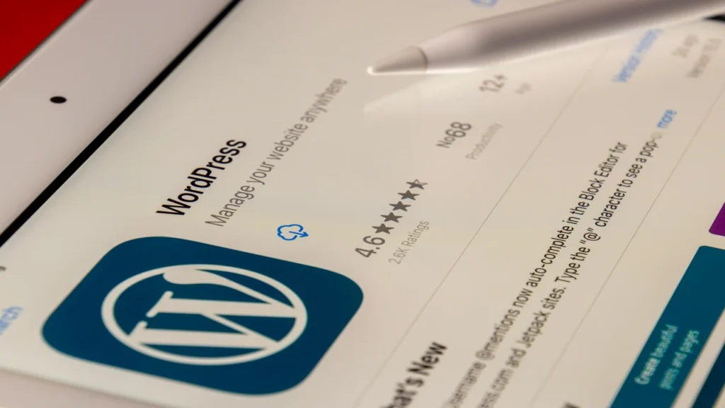 WordPress application shown on a tablet.