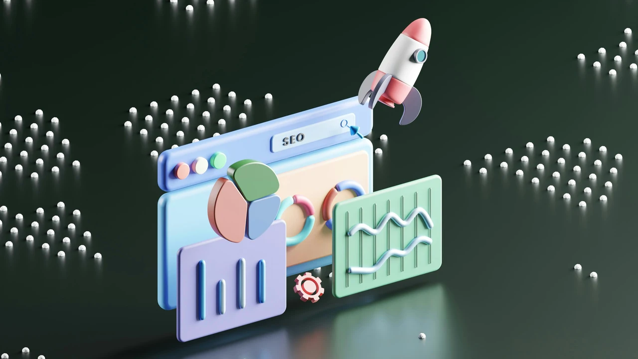 3D image of a web browser, graphs, and a rocket, portraying technical SEO.
